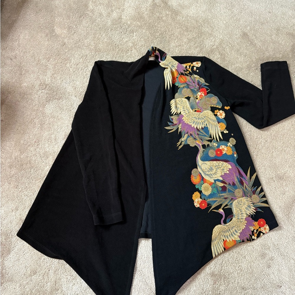 Soft Surroundings Black Cardigan with Gold and Red Embroidery